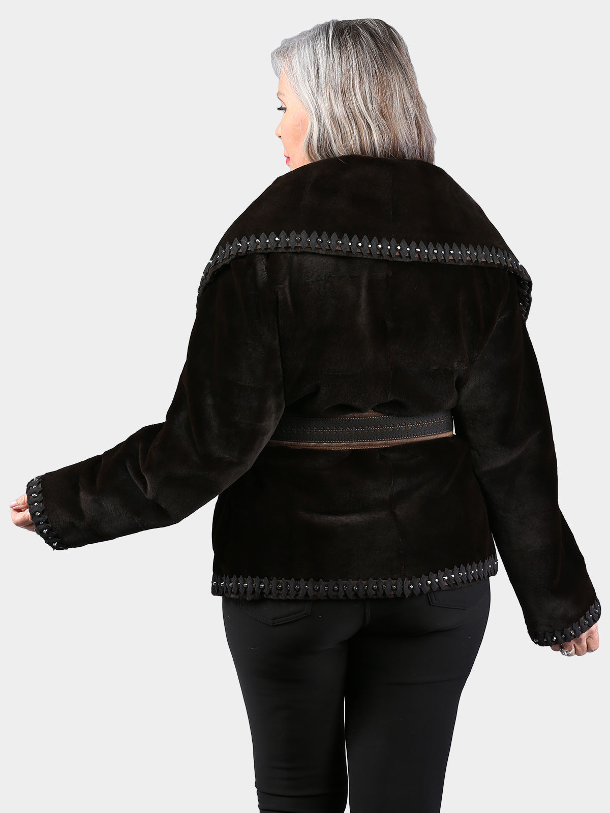 Woman's Dyed Deep Brown Sheared Mink Fur Jacket with Leather Belt