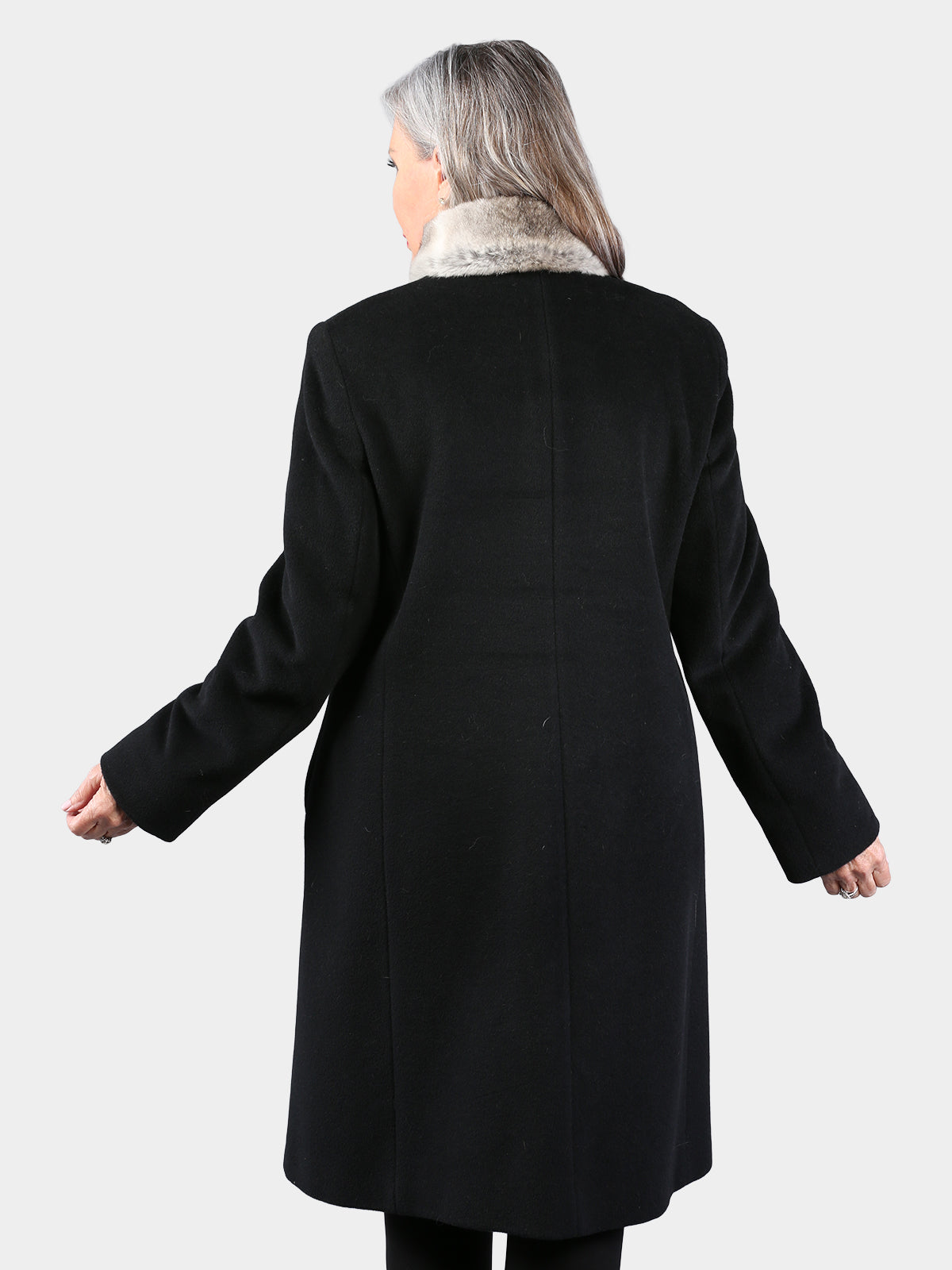 Woman's Black Alpaca Wool Coat with Chinchilla Fur Collar