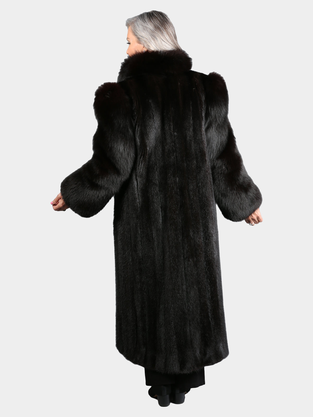Woman's Natural Ranch Mink Fur Coat with Fox Tuxedo Front and Sleeves