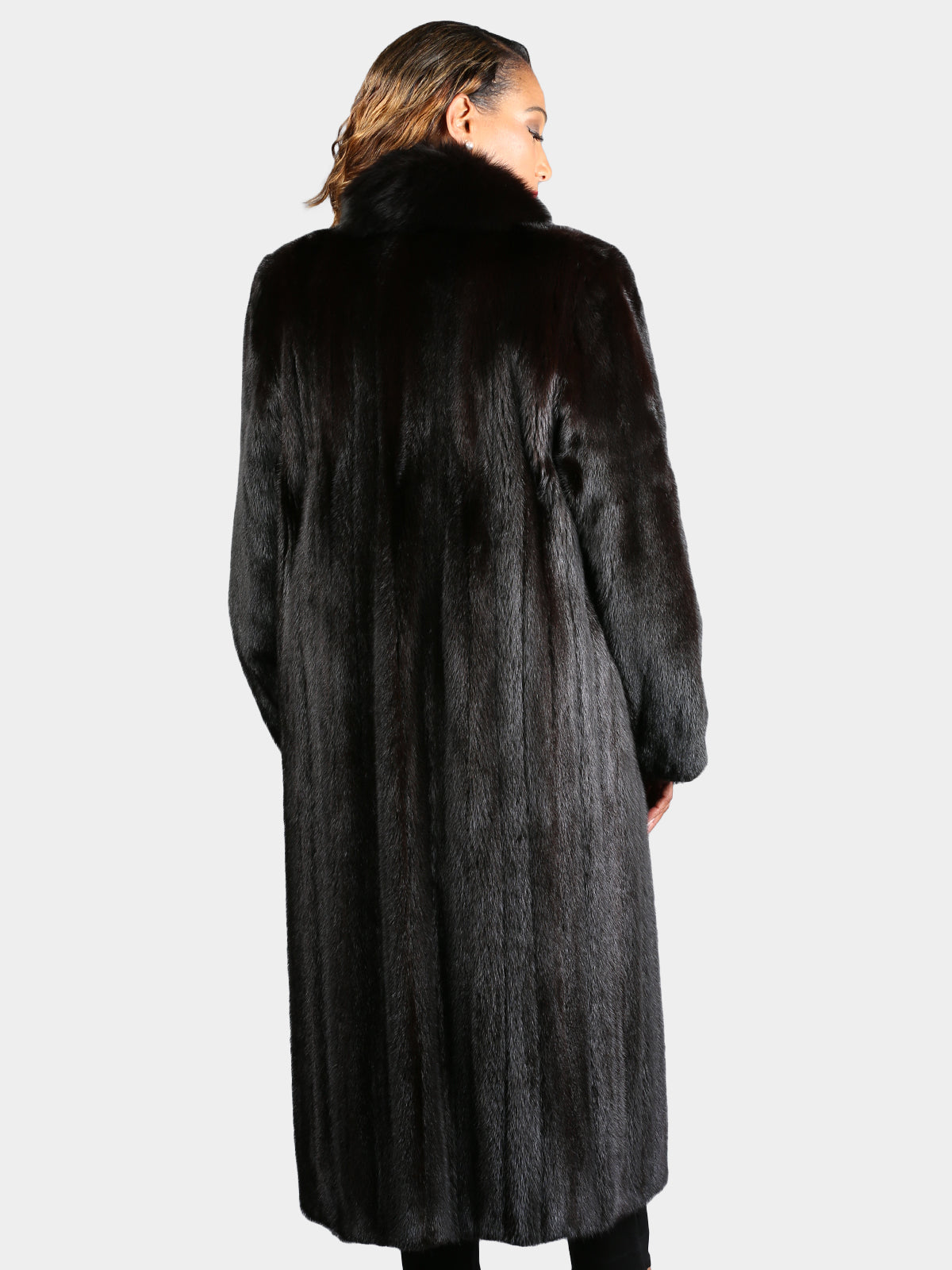 Woman's Natural Ranch Mink Coat with Black Fox Tuxedo Front