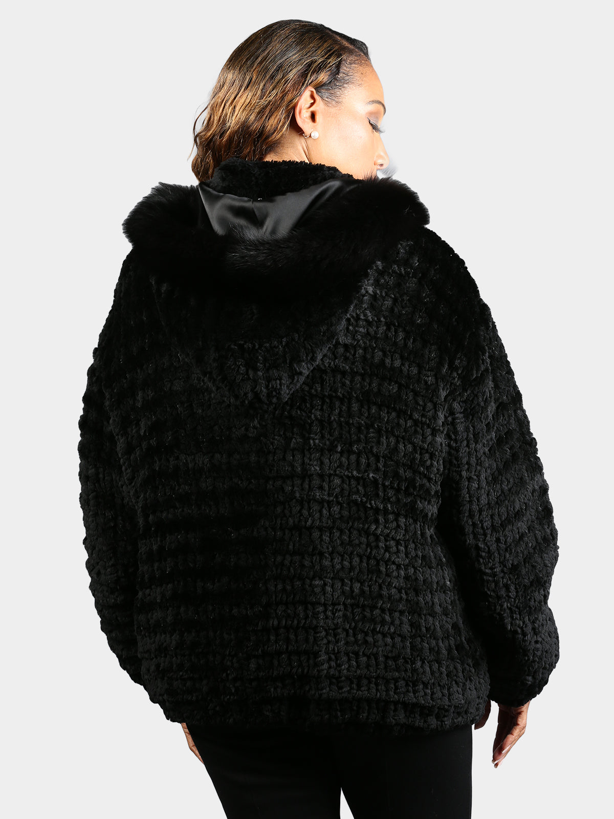 Woman's Dyed Black Knit Sheared Beaver Fur Jacket with Detachable Hood