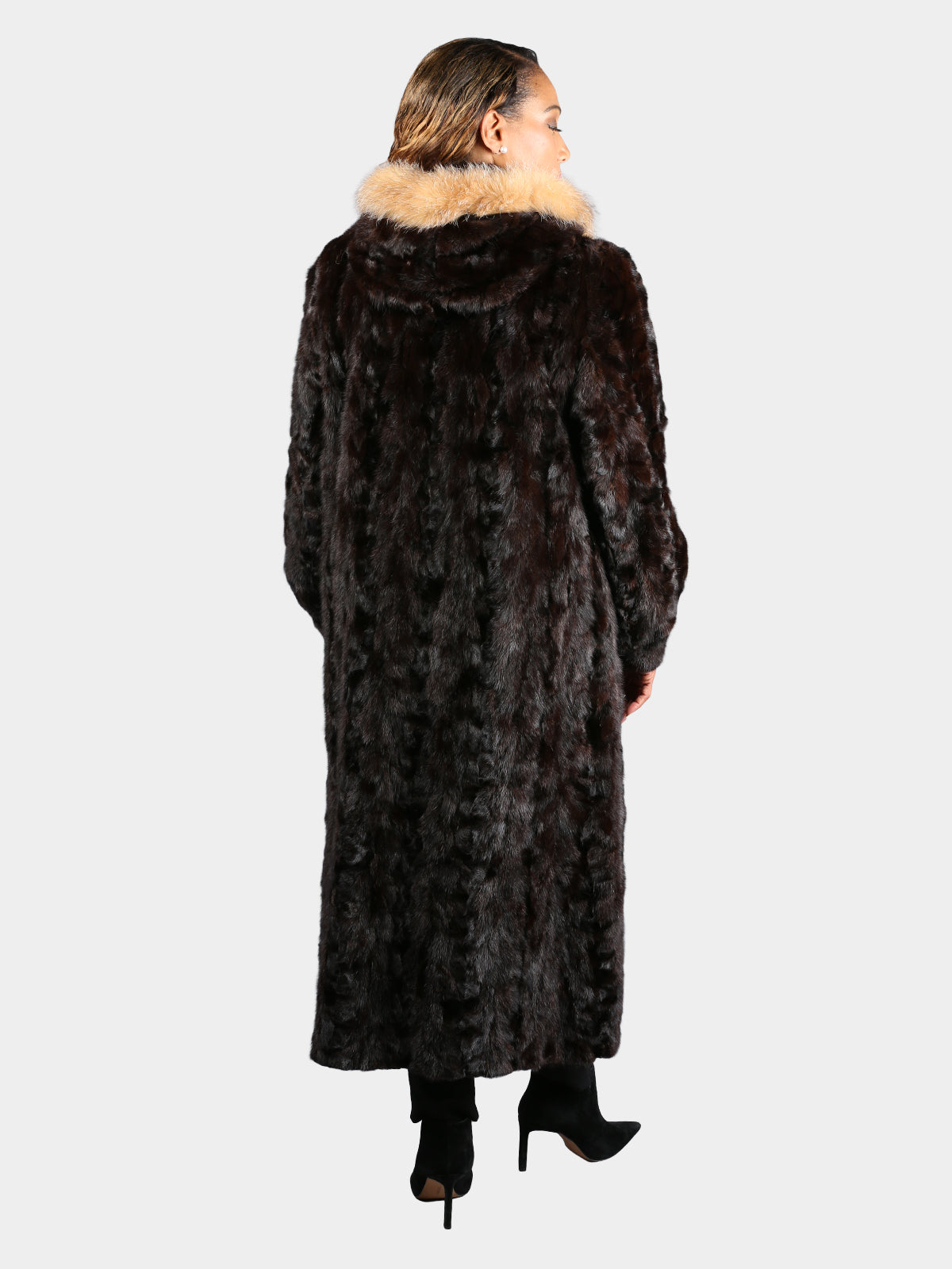Woman's Natural Deepest Mahogany Sculptured Mink Fur Coat with Hood