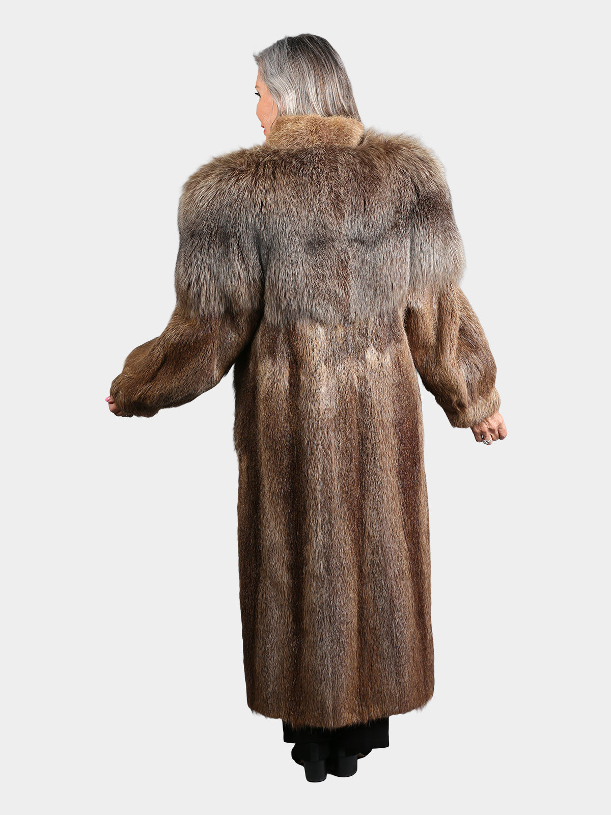 Woman's Vintage Natural Brown Nutria Fur Coat with Brown Fox Trim