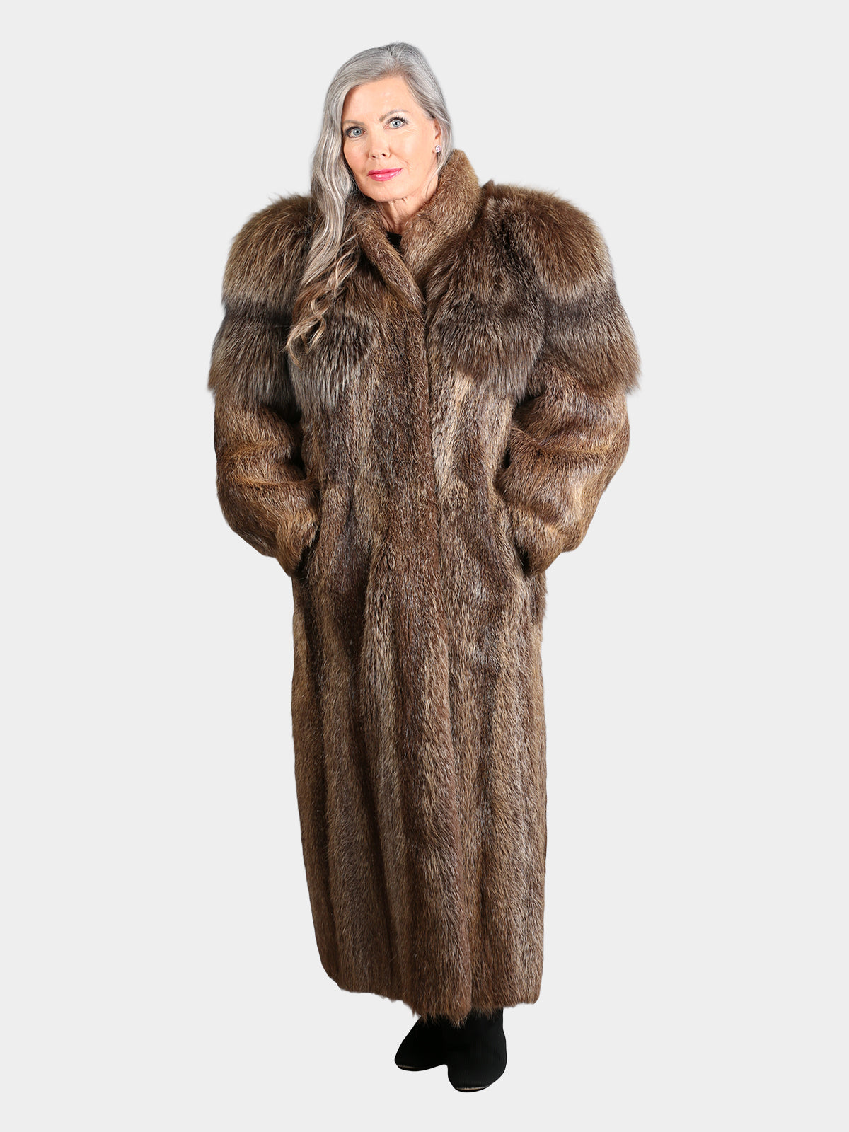 Woman's Vintage Natural Brown Nutria Fur Coat with Brown Fox Trim