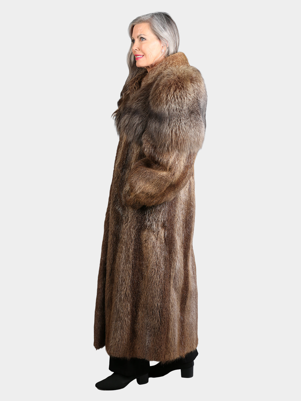 Woman's Vintage Natural Brown Nutria Fur Coat with Brown Fox Trim