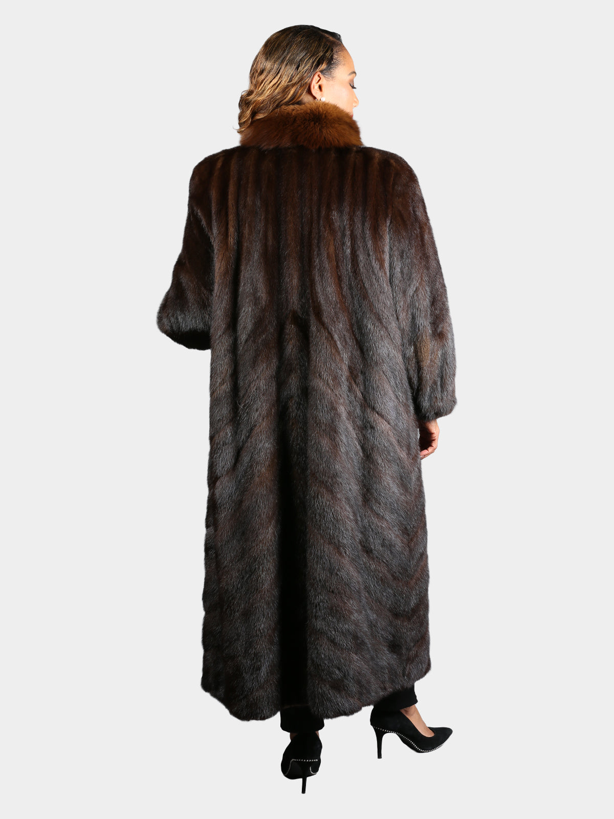 Woman's Plus Size Natural Mahogany Female Mink Fur Coat with Fox Tuxedo Front and Directional Design