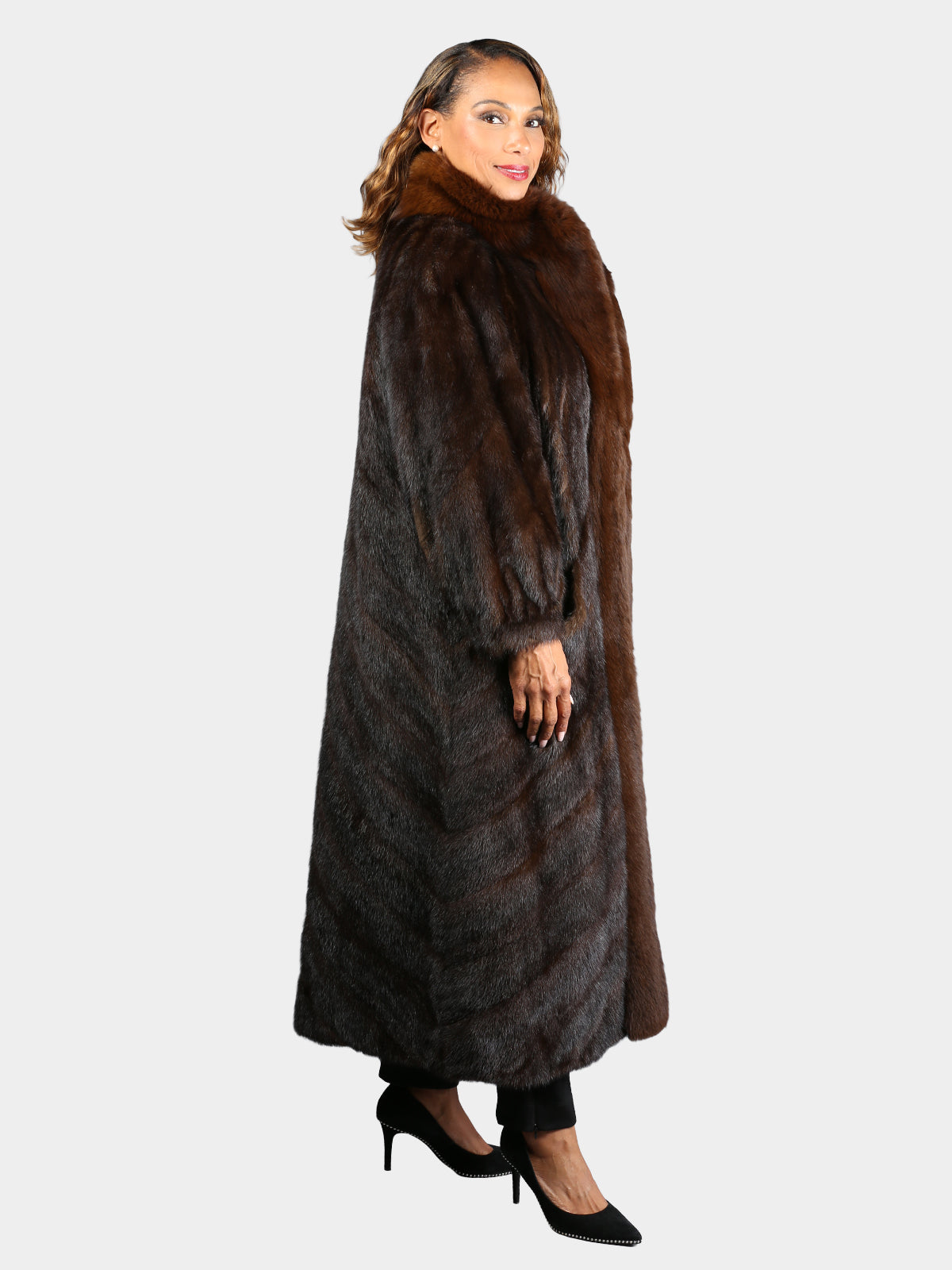 Woman's Plus Size Natural Mahogany Female Mink Fur Coat with Fox Tuxedo Front and Directional Design