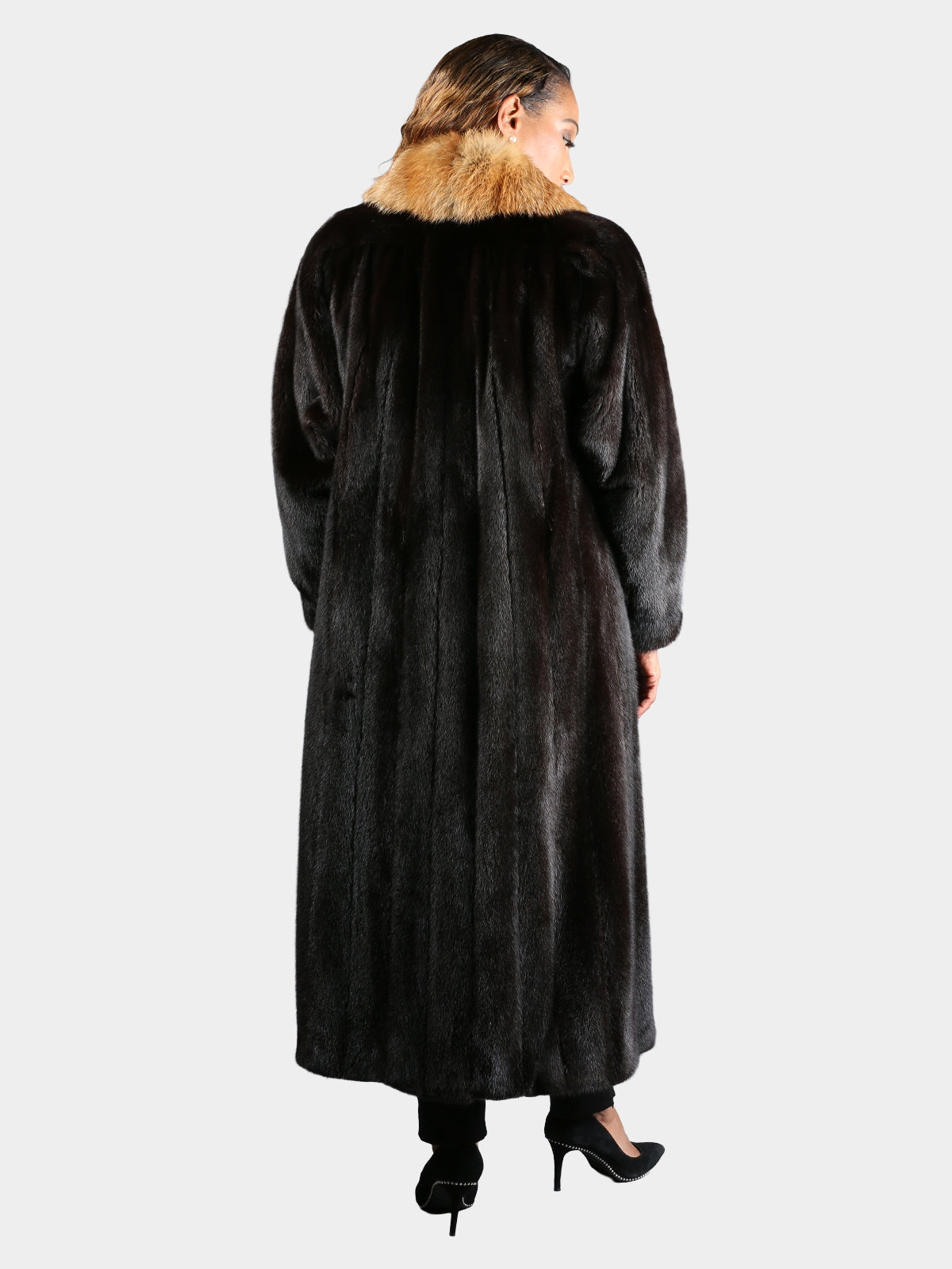 Woman's Natural Ranch Mink Fur Coat with Cross Cut Red Fox Collar