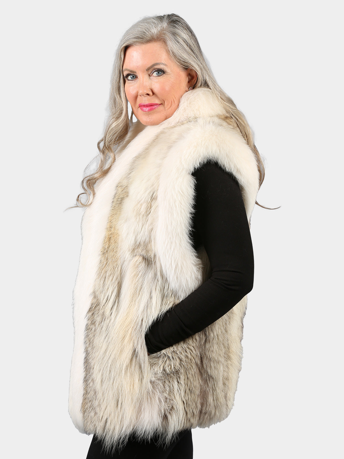 Woman's Natural Coyote Fur Vest with Shadow Fox Trim