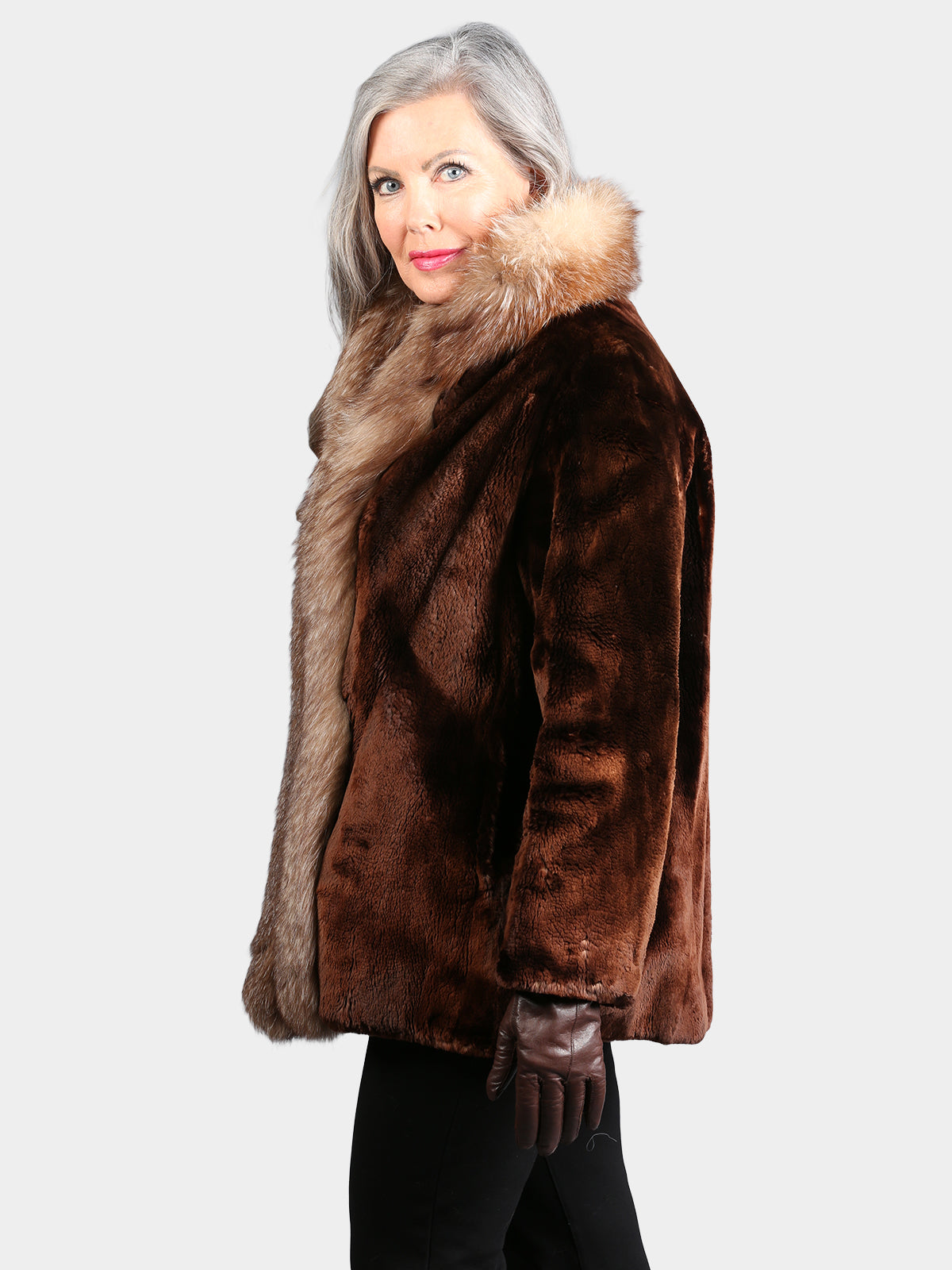 Woman's Dyed Brown Vintage Seal Fur Jacket with Crystal Fox Tuxedo Front