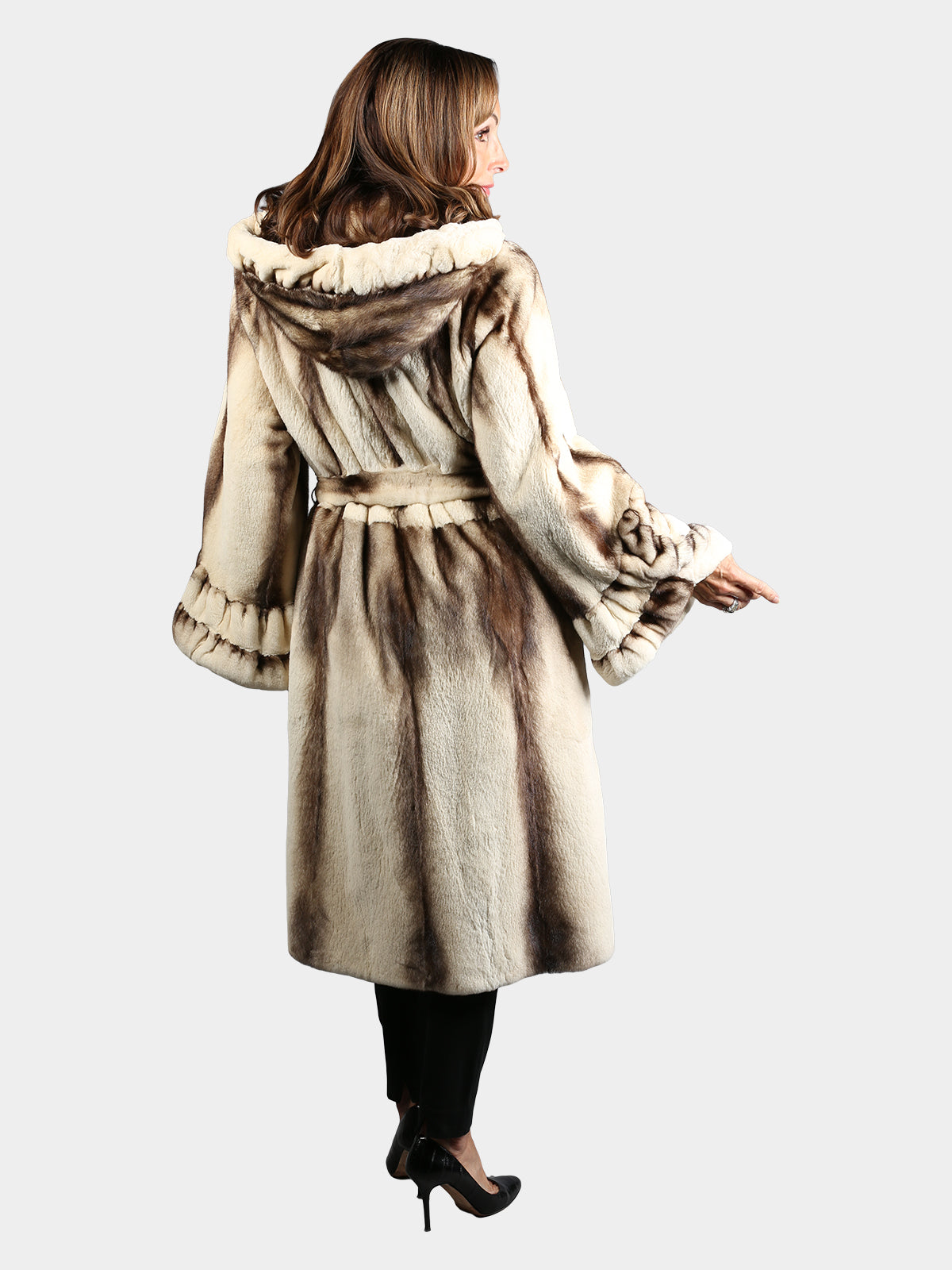 Woman's Bleached Mahogany Female Mink Fur Semi Sheared 7/8 Coat with Hood and Belt