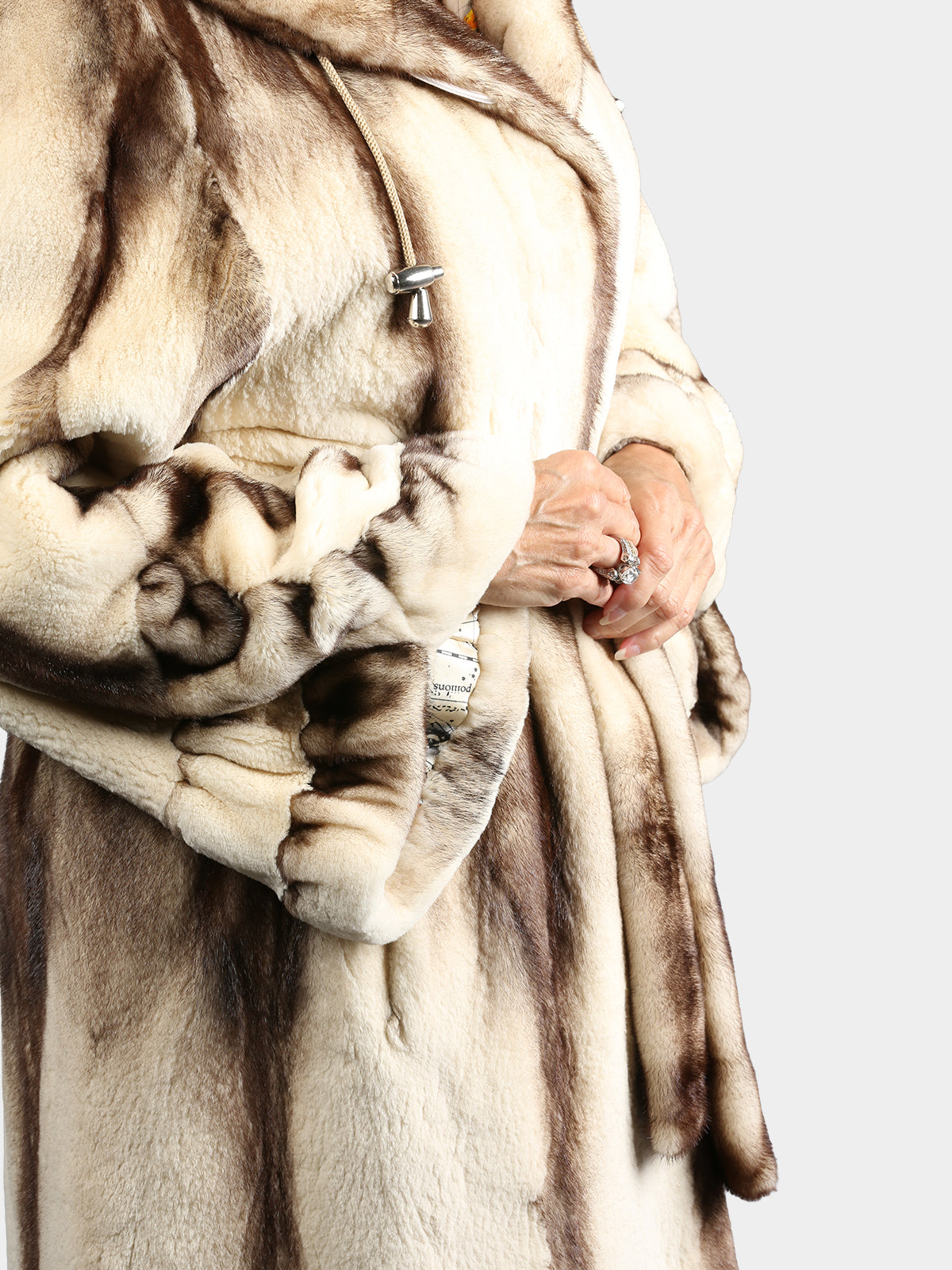 Woman's Bleached Mahogany Female Mink Fur Semi Sheared 7/8 Coat with Hood and Belt