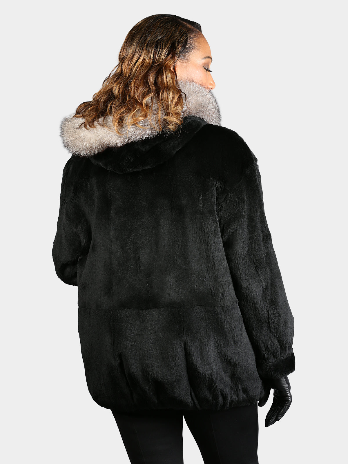 Woman's Dyed Black Sheared Mink Fur Parka Reversing to Black Leather