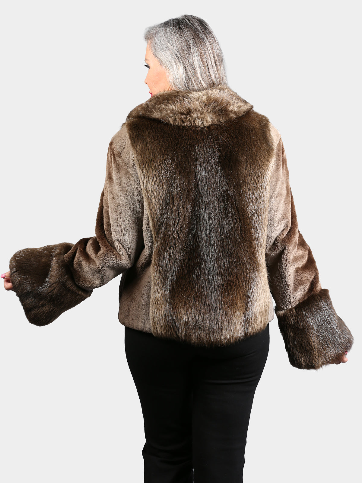Woman's Natural Long Hair Beaver Fur Jacket with Sheared Beaver Trim