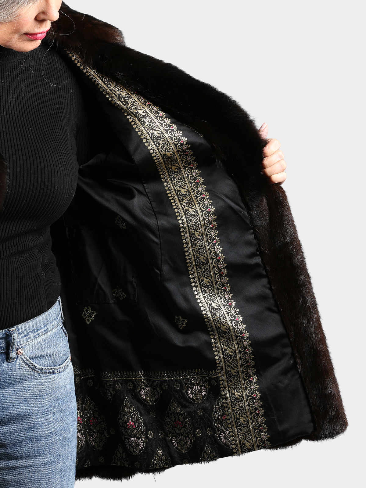 Woman's Natural Deep Mahogany Female Mink Fur Jacket with Large Sable Collar