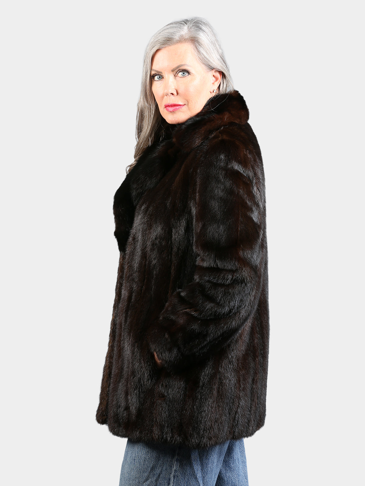 Woman's Natural Deep Mahogany Female Mink Fur Jacket with Large Sable Collar
