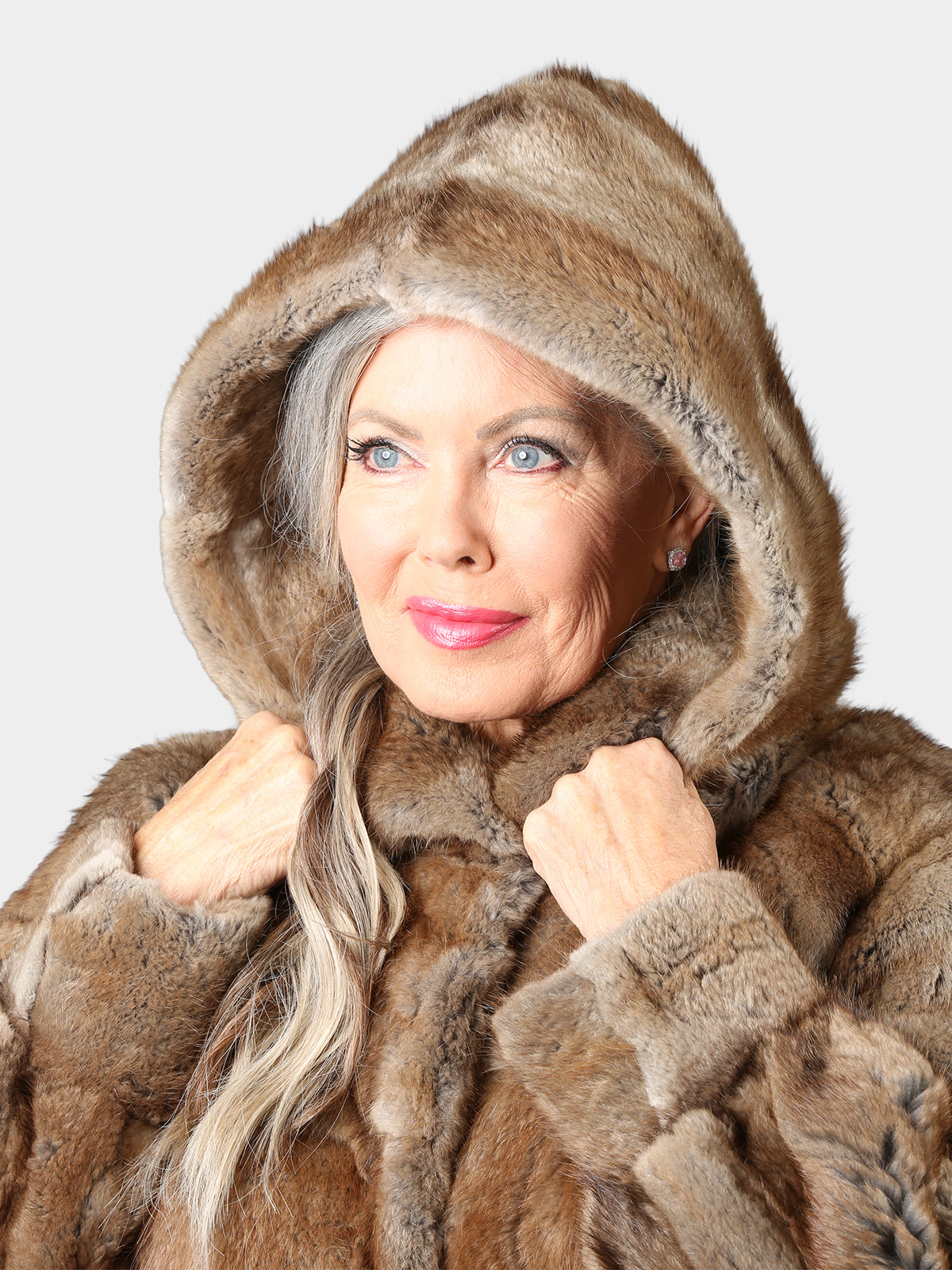 Woman's Natural Muskrat Fur Coat with Detachable Hood