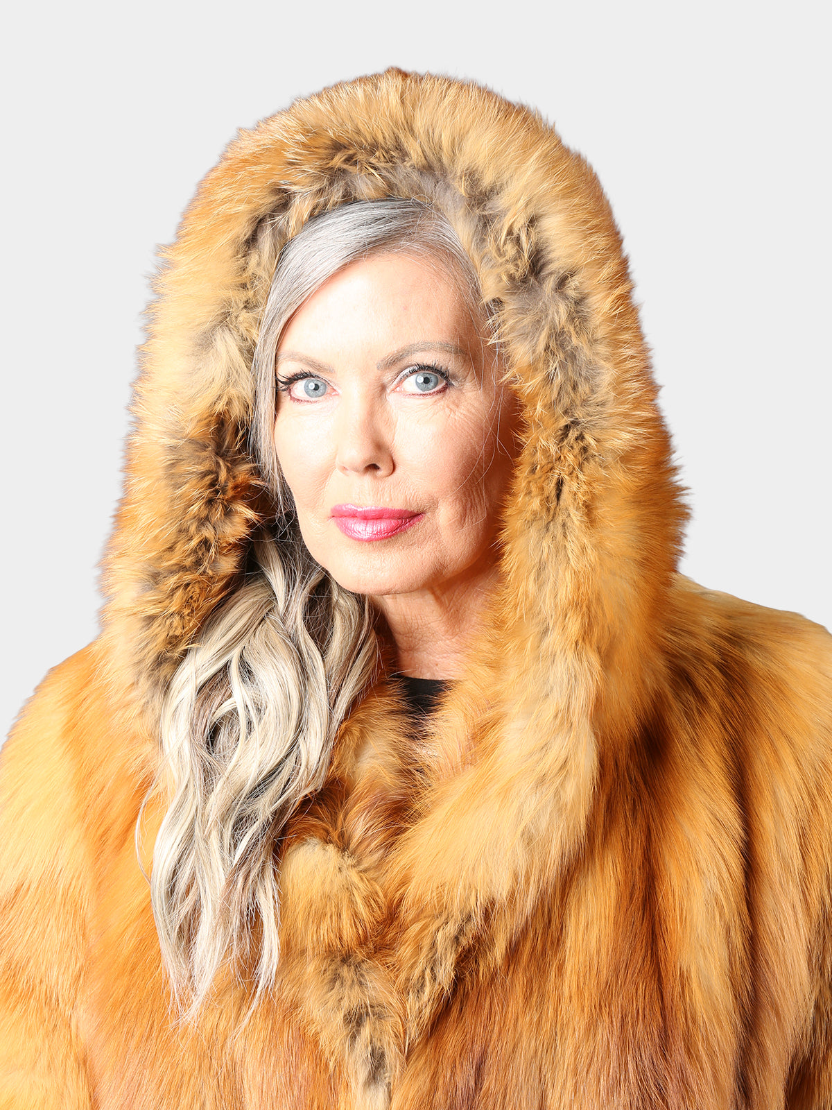 Woman's Natural American Red Fox Fur Coat with Hood