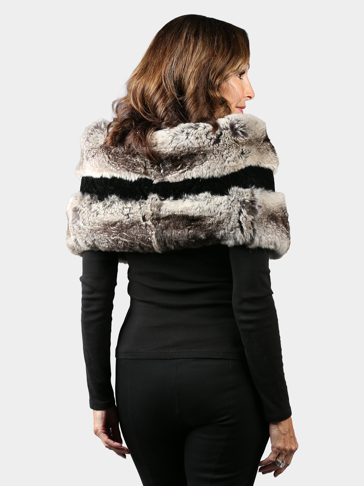 Woman's Natural Chinchilla Fur Stole with Black Velvet Trim