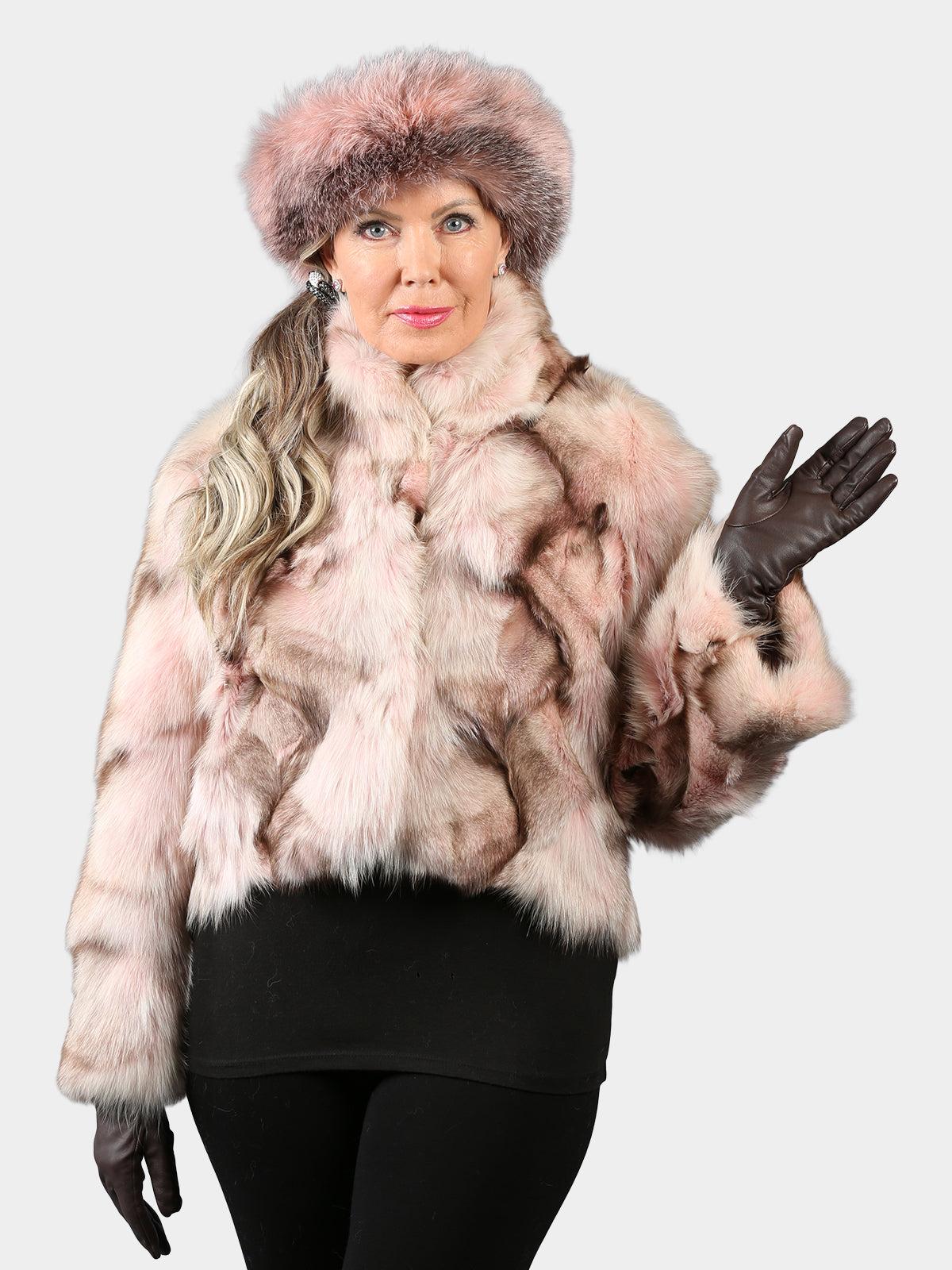 Woman's Dyed Pink Sculptured Fox Fur Bolero Jacket with Matching Fox Headband