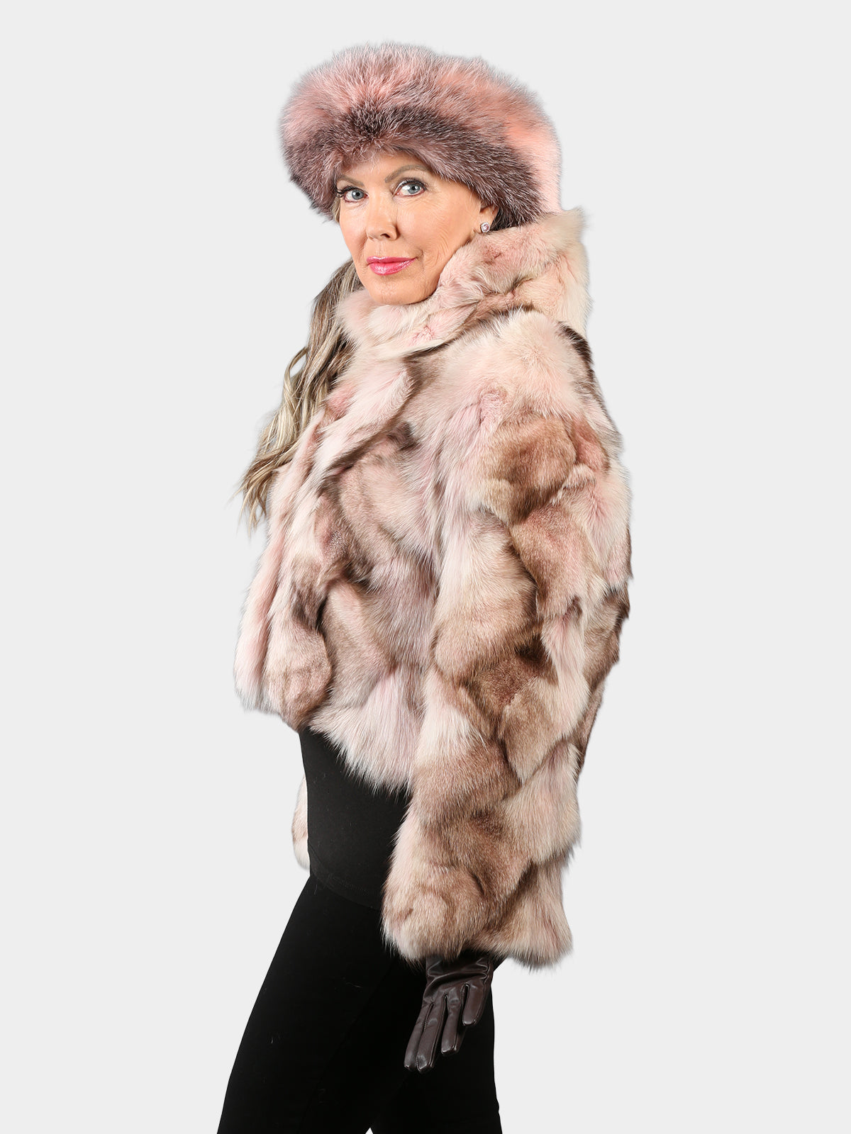 Woman's Dyed Pink Sculptured Fox Fur Bolero Jacket with Matching Fox Headband