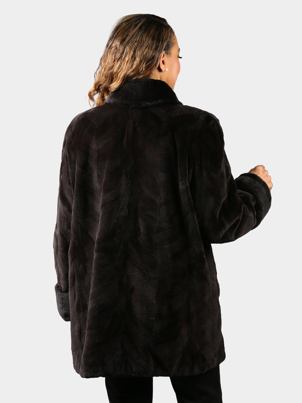 Woman's Dyed Deep Brown Sculptured Sheared Mink Fur Stroller with Sheared Beaver Trim