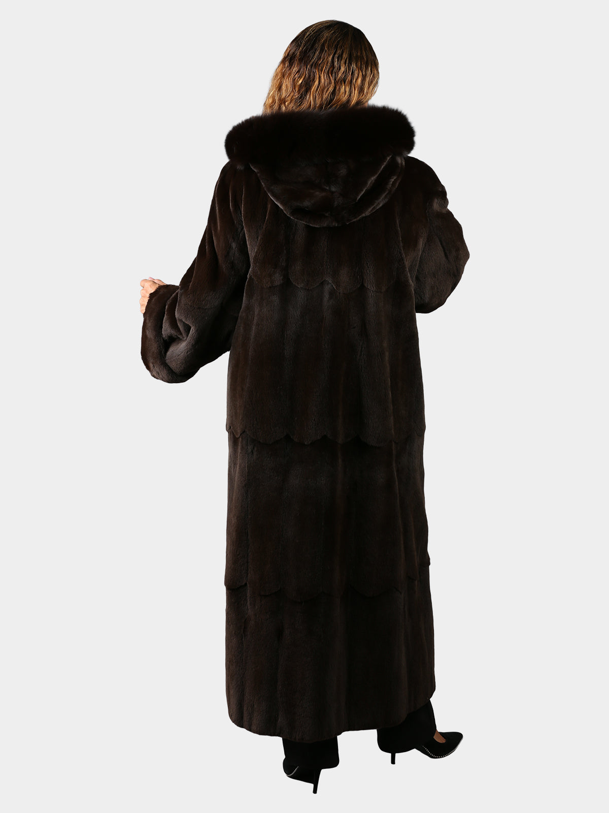 Woman's Plus Size Dyed Dark Brown Sheared Mink Fur Coat with Detachable Hood