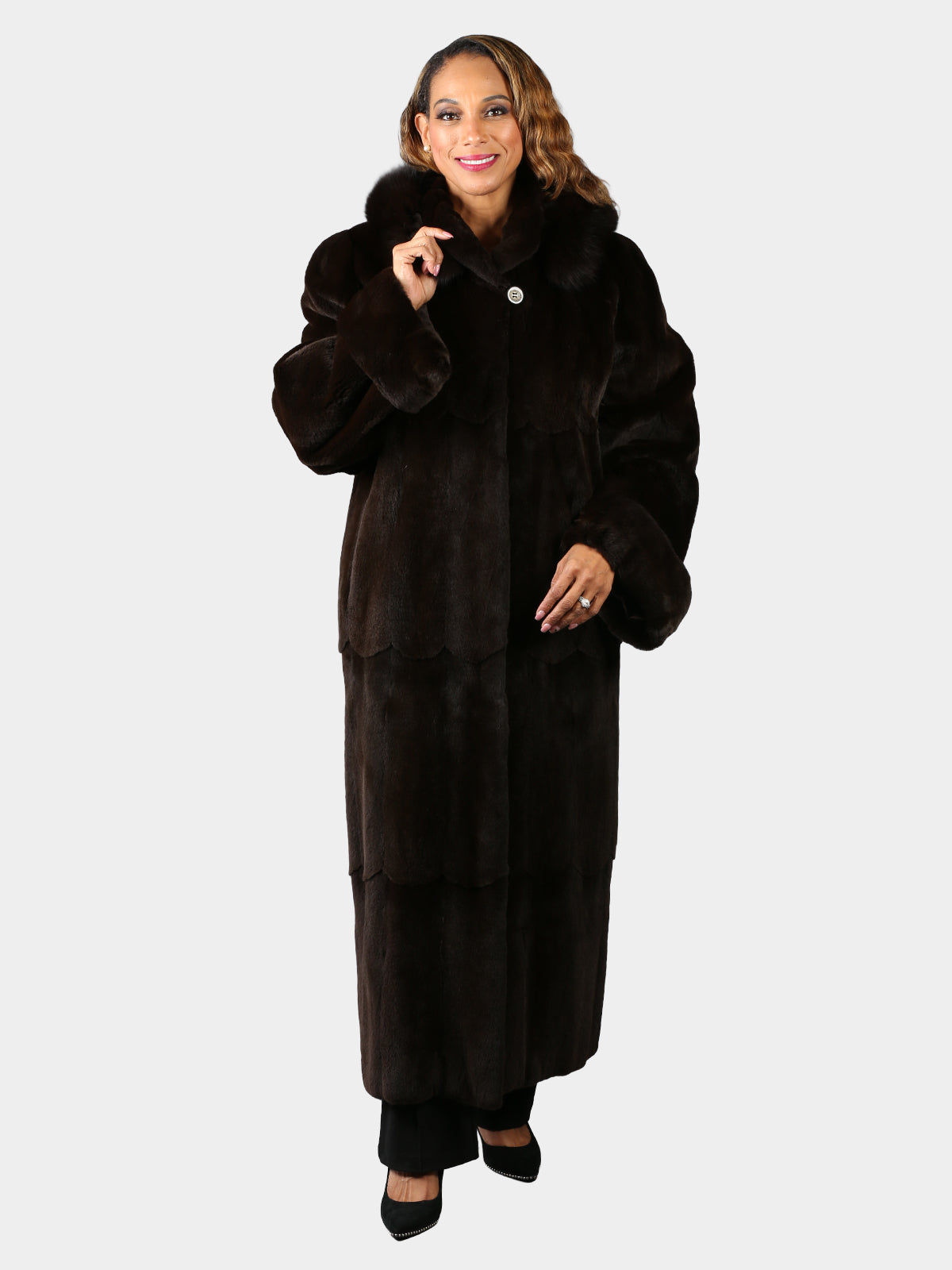 Woman's Plus Size Dyed Dark Brown Sheared Mink Fur Coat with Detachable Hood