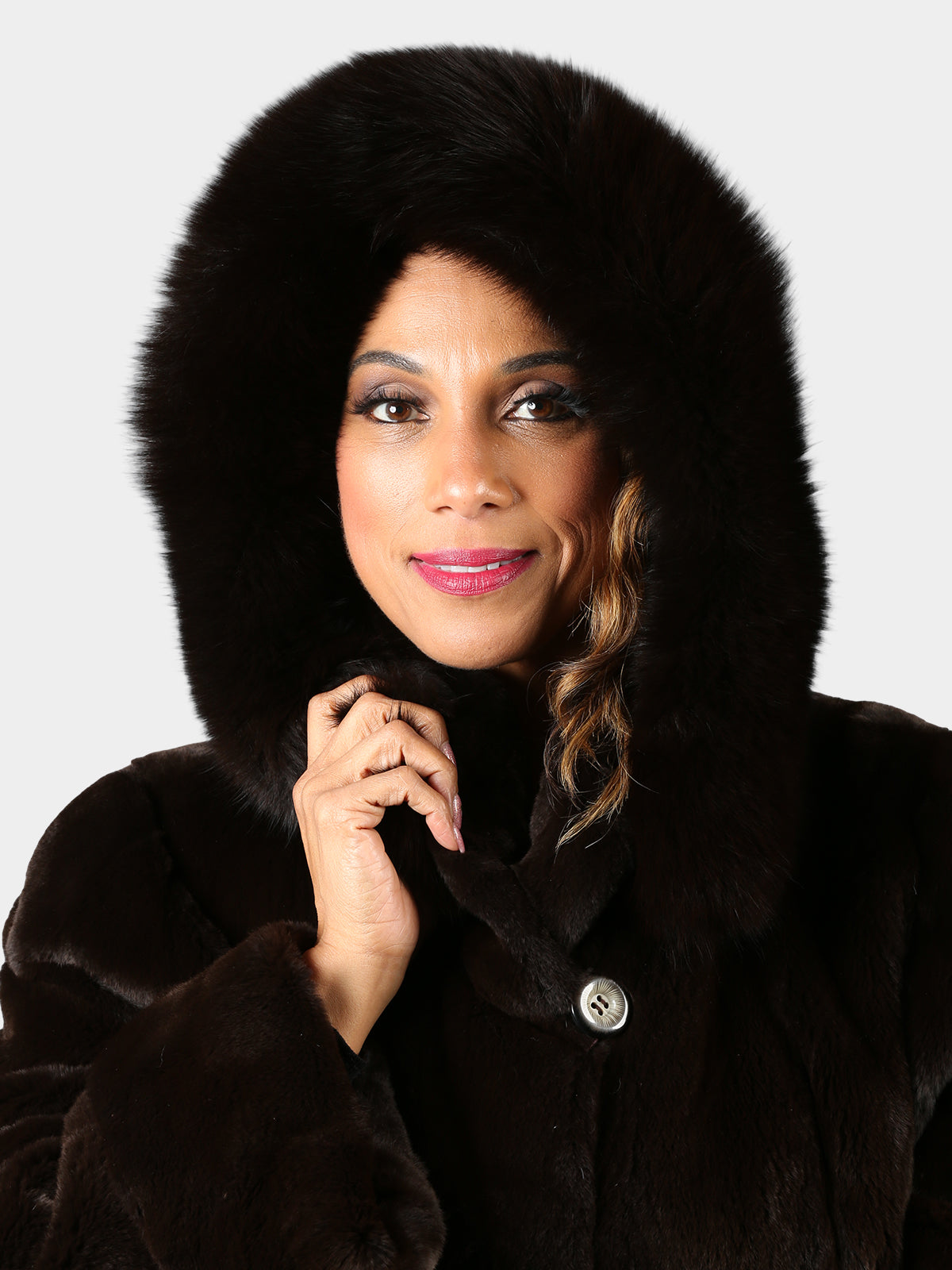Woman's Plus Size Dyed Dark Brown Sheared Mink Fur Coat with Detachable Hood