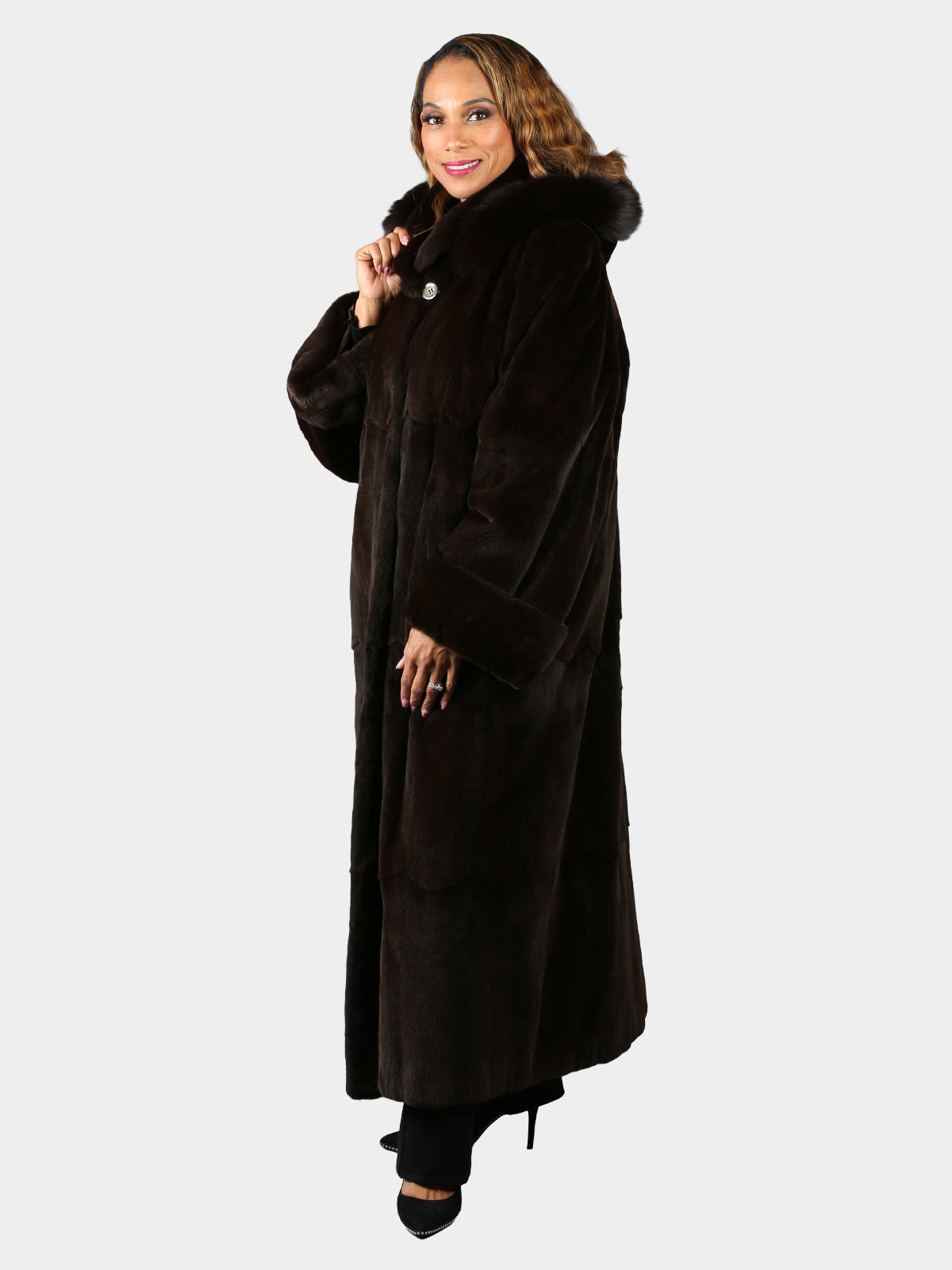 Woman's Plus Size Dyed Dark Brown Sheared Mink Fur Coat with Detachable Hood