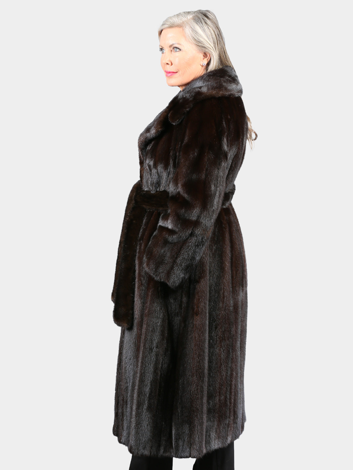 Woman's Deepest Mahogany Female Mink Fur Coat with Mink Bely
