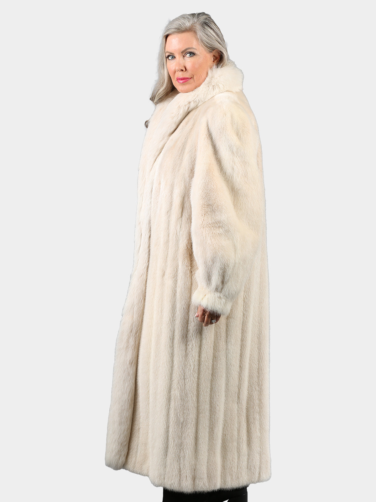 Woman's Blush Mink Fur Coat with Matching Fox Tuxedo Front