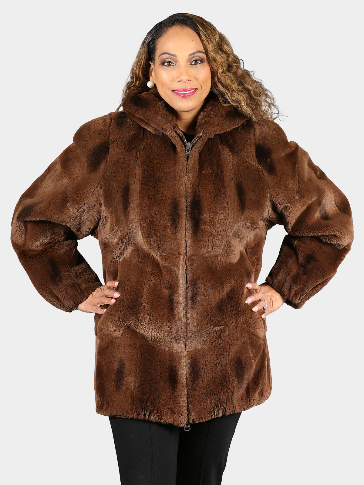 Woman's Plus Size Dyed Brown Sheared Muskrat Fur Parka