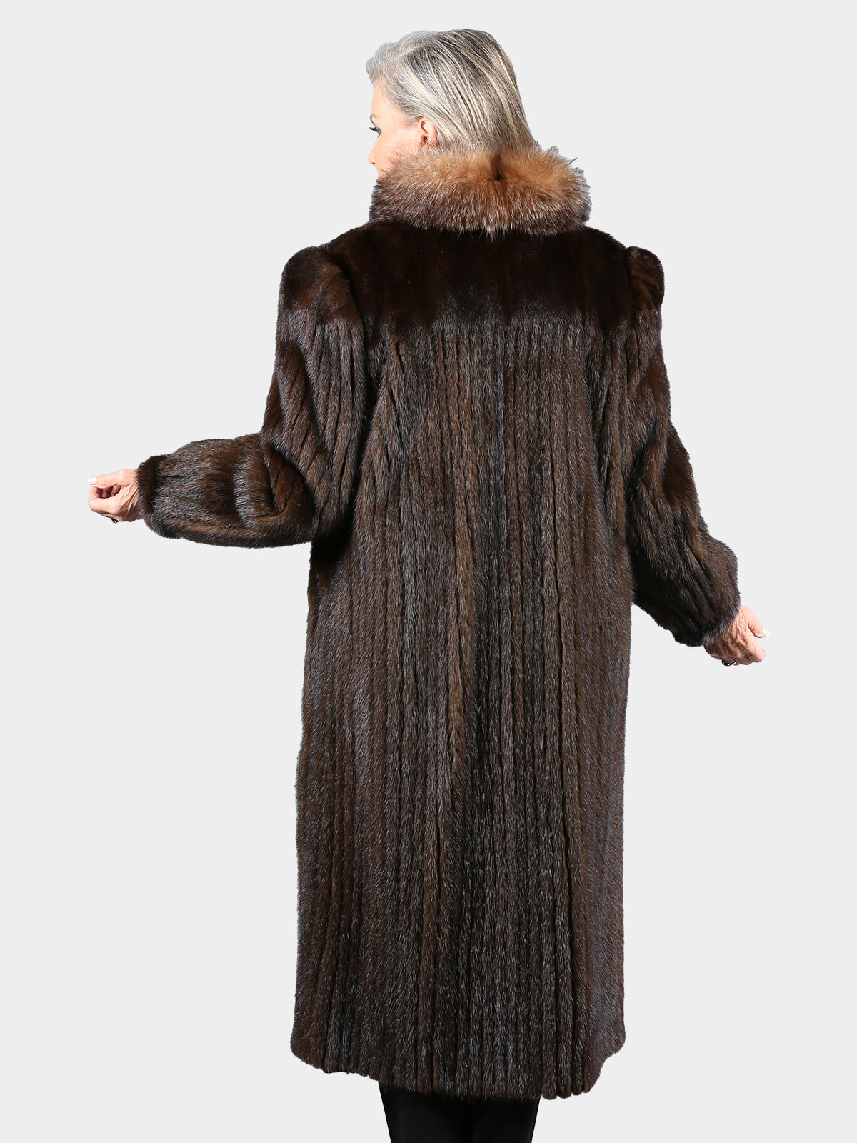 Woman's Mahogany Cord Cut Mink Fur Coat with Crystal Fox Tuxedo Front
