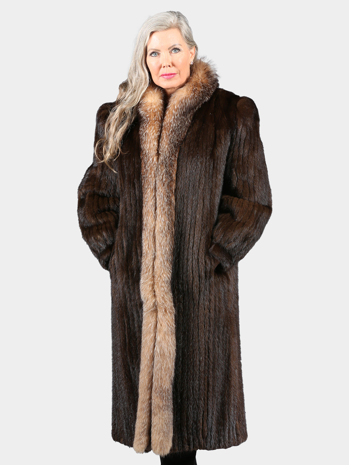 Woman's Mahogany Cord Cut Mink Fur Coat with Crystal Fox Tuxedo Front