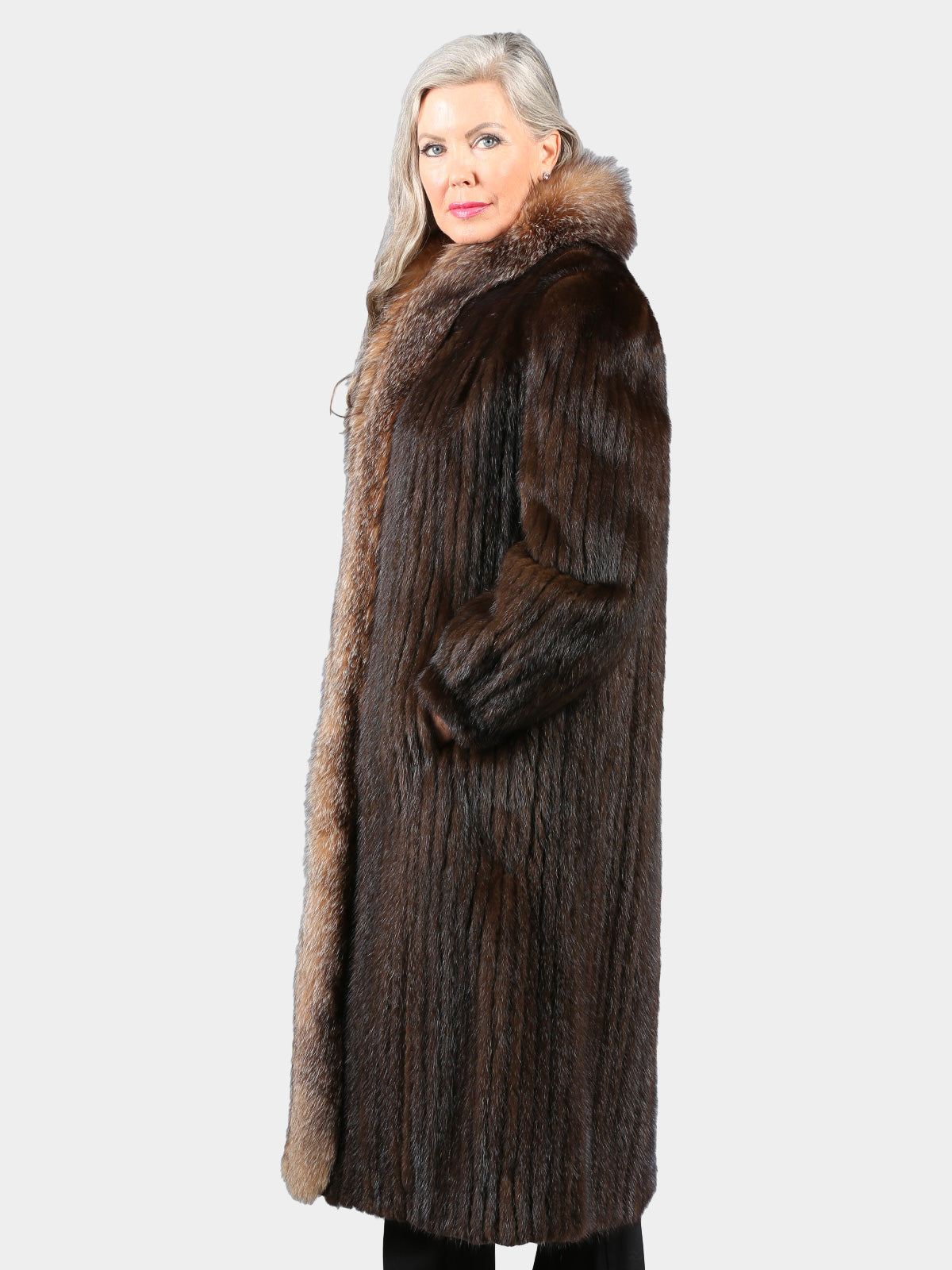 Woman's Mahogany Cord Cut Mink Fur Coat with Crystal Fox Tuxedo Front