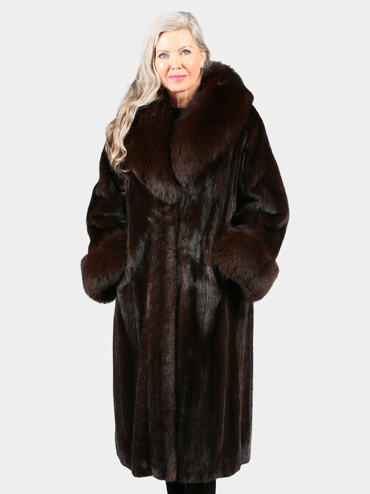 Woman's Dark Mahogany Mink Fur Coat with Dyed to Match Fox Collar and Cuffs