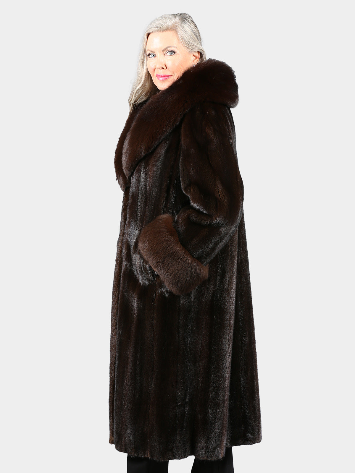 Woman's Dark Mahogany Mink Fur Coat with Dyed to Match Fox Collar and Cuffs