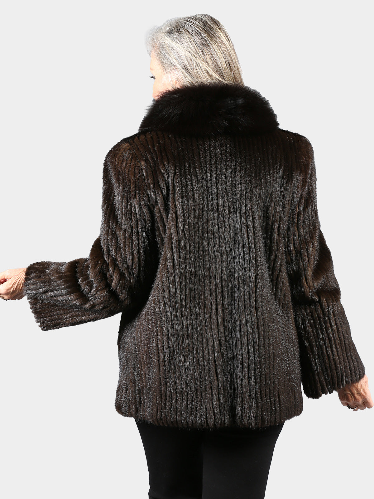 Woman's Dark Mahogany Cord Cut Mink Fur Jacket with Black Fox Tuxedo Front