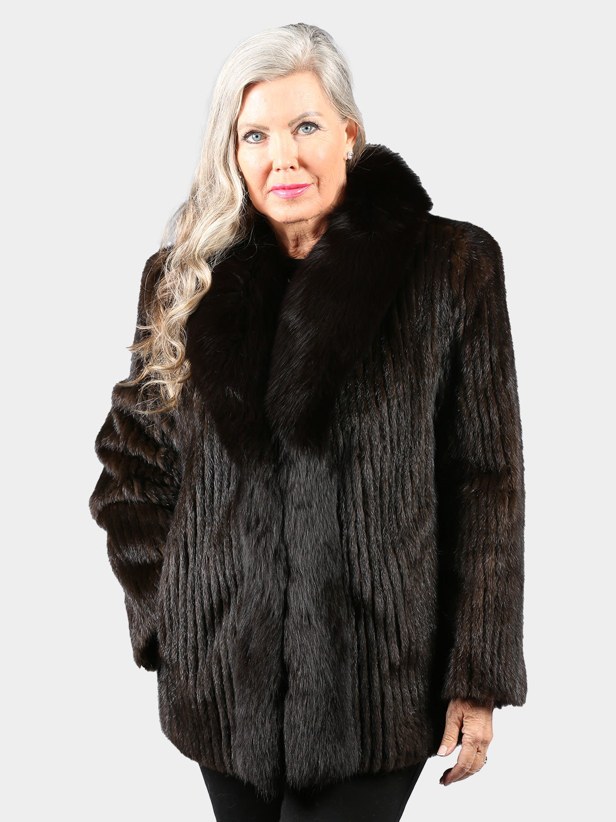 Woman's Dark Mahogany Cord Cut Mink Fur Jacket with Black Fox Tuxedo Front
