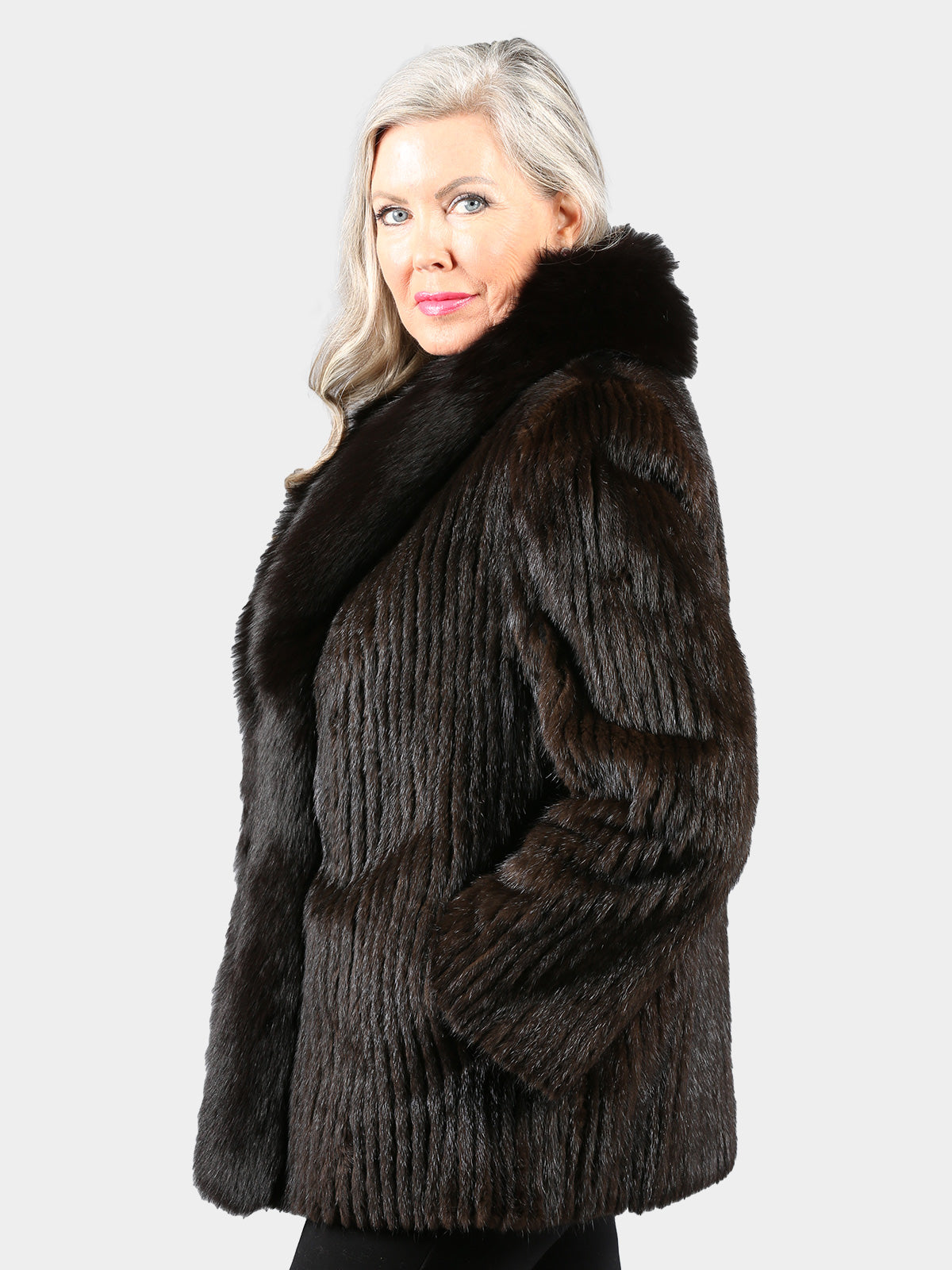Woman's Dark Mahogany Cord Cut Mink Fur Jacket with Black Fox Tuxedo Front