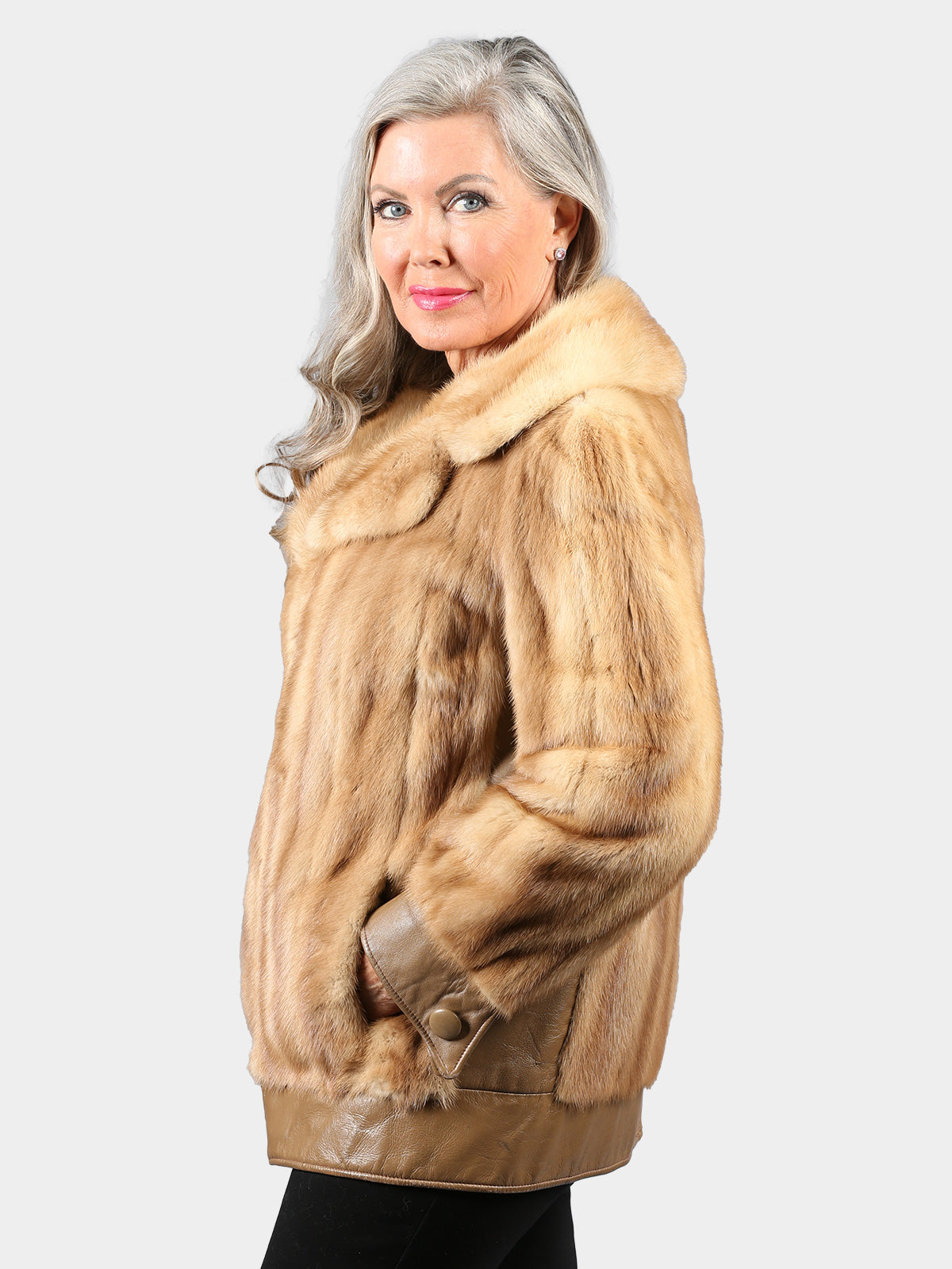 Woman's Vintage Pastel Female Mink Fur Jacket with Leather Trim