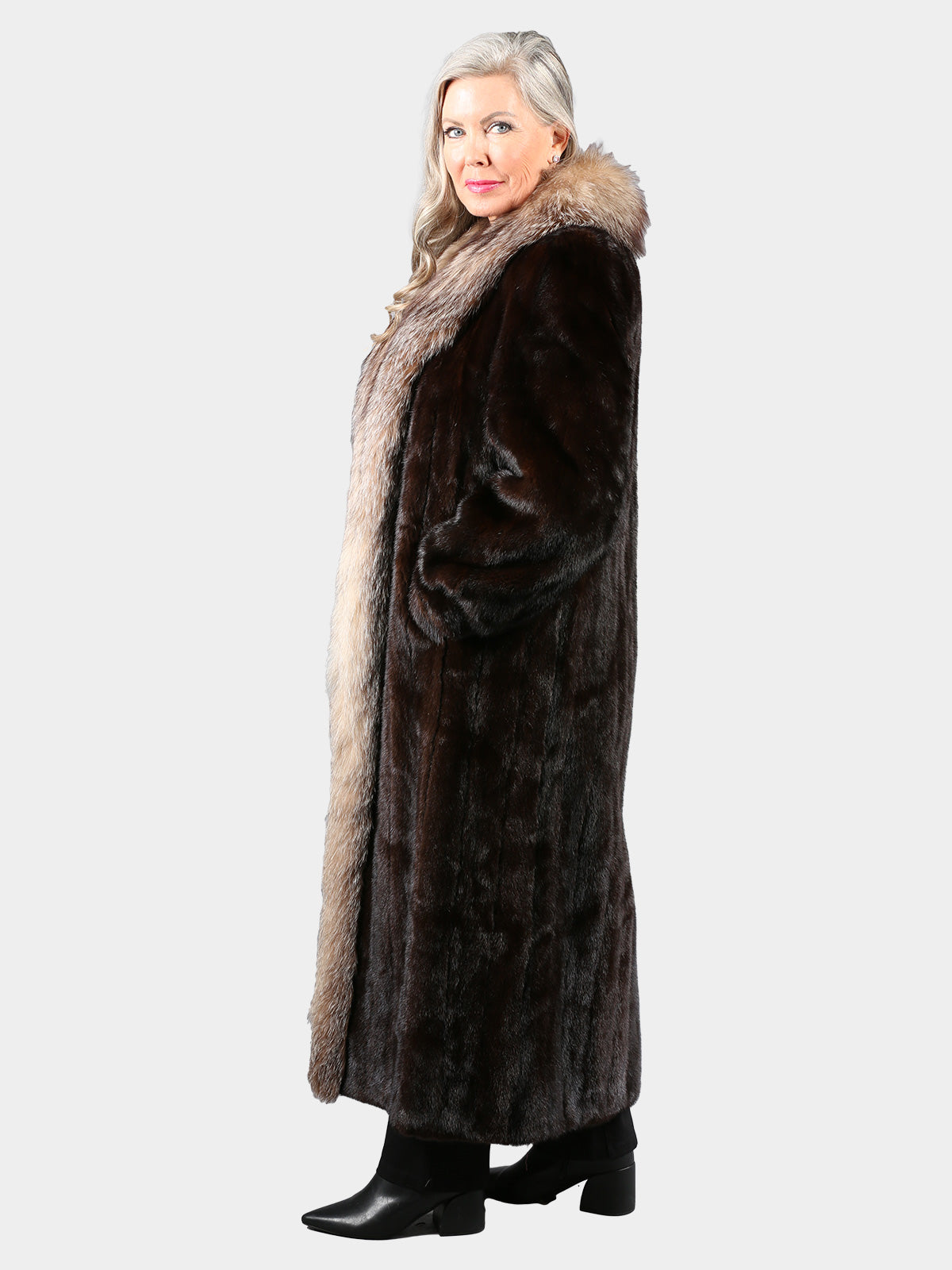 Woman's Mahogany Mink Fur Coat with Crystal Fox Tuxedo Front