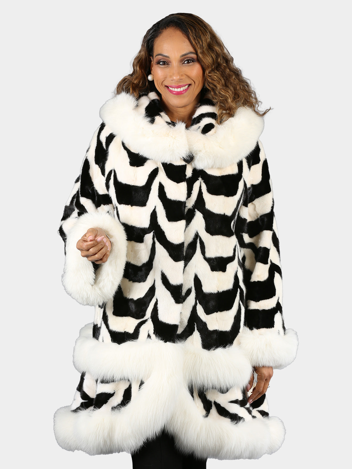 Woman's Black and White Geometric Designed Mink Fur 7/8 Coat with Shadow Fox Trim