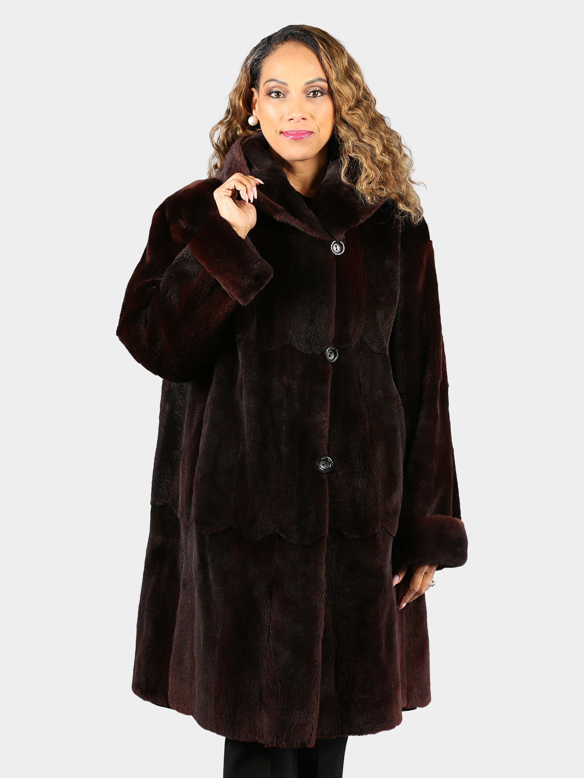 Woman's Plus Size Swing Style Dyed Dark Brown Sheared Mink Fur 7/8 Coat (Reversible)