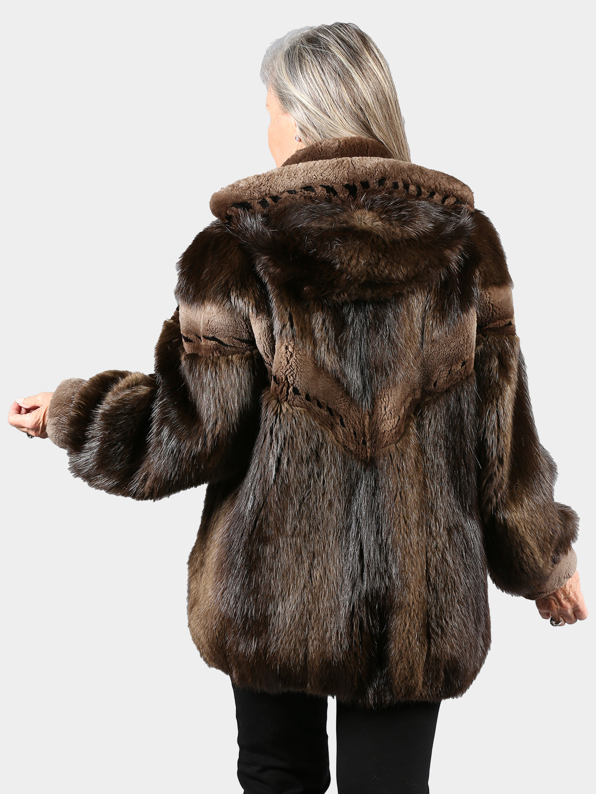 Woman's Natural Medium Tone Long Hair Beaver Fur Jacket with Detachable Hood