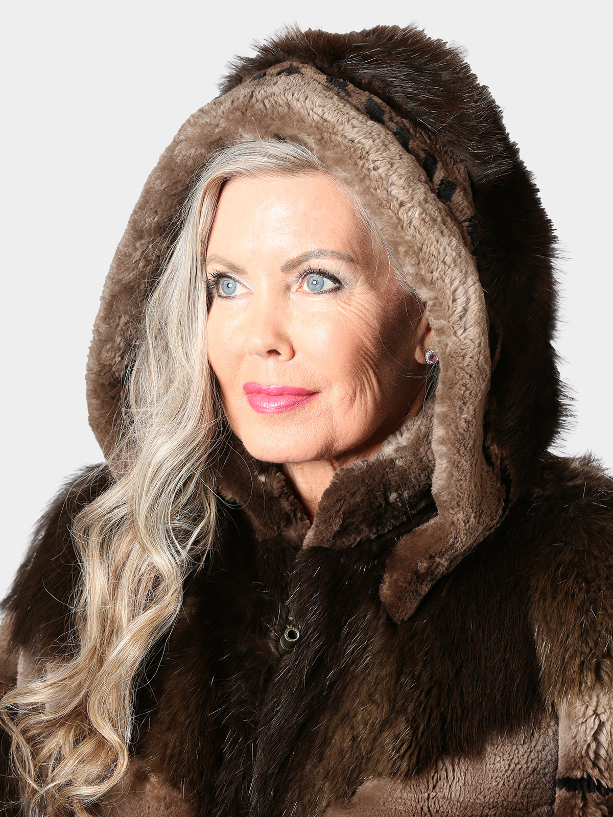 Woman's Natural Medium Tone Long Hair Beaver Fur Jacket with Detachable Hood