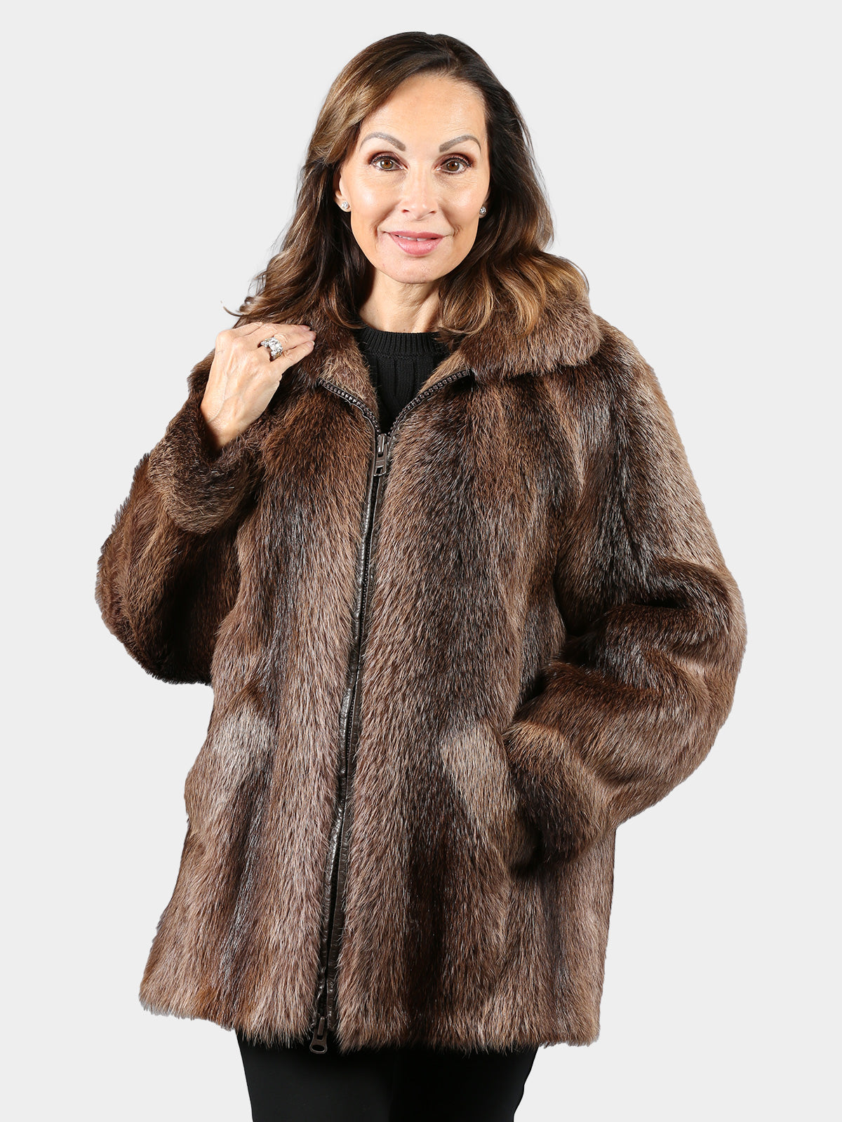 Woman's Natural Nutria Fur Jacket with Detachable Hood