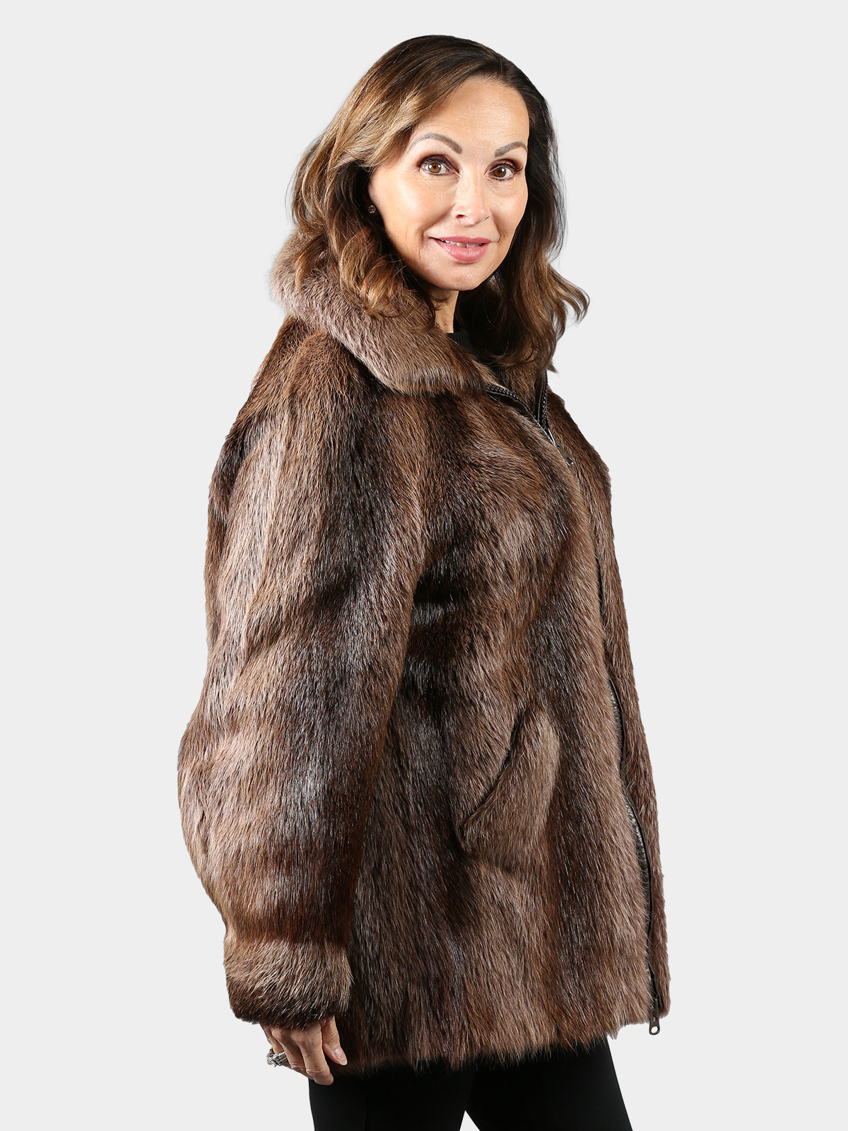 Woman's Natural Nutria Fur Jacket with Detachable Hood