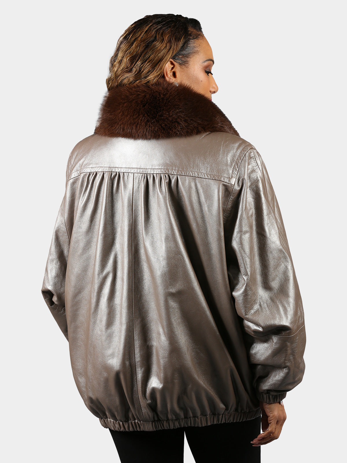 Woman's Plus Size Pewter Dyed Leather Jacket with Brown Rex Rabbit Fur Liner and Fox Collar